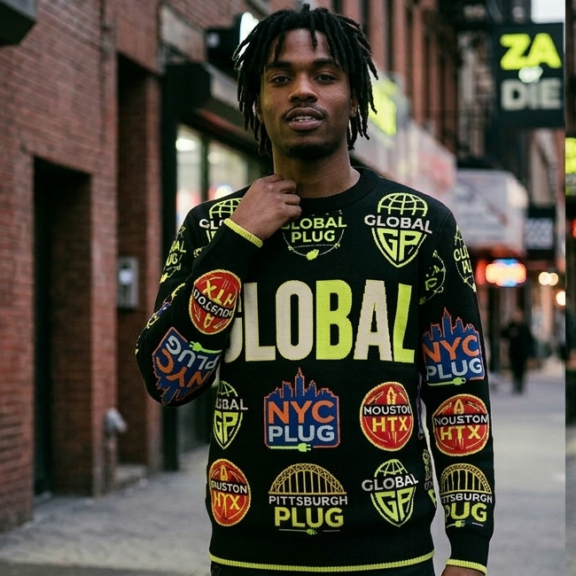 Global Plug "City Series" All-Over Patch Knit Sweater – Neon Edition